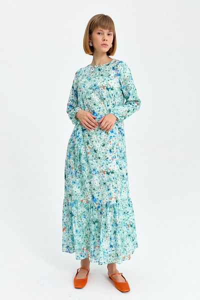 Nihan Mint Colored Tied Sleeves Printed Dress