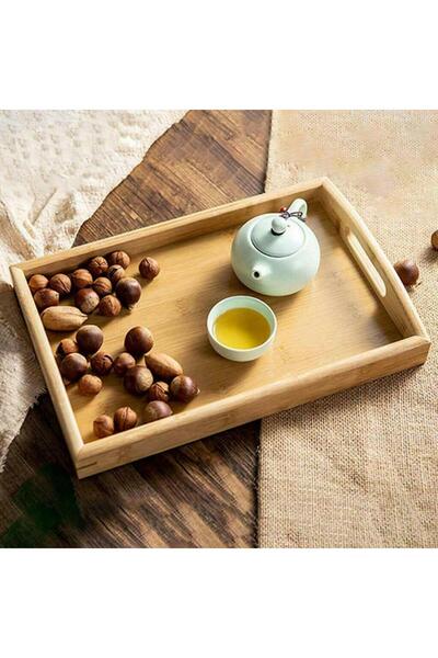 EYD Bambu Kulplu Çay Tepsisi Servis Tepsisi Kahve Tepsisi Bambu Tepsi 33cm
