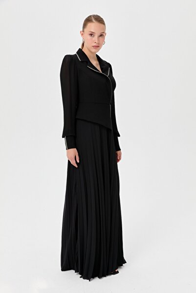 Nihan Pleated Crepe Dress - Black, Glitter Stripe Accessory, Skirt and Sleeve Pleated