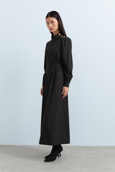 Nihan Smoked Striped Shoulder Buttoned Belted Dress