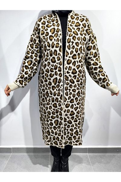 Lasirius Leopard Pattern Raster Wool Long Knitwear Cardigan