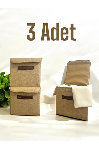 HD HOME COLLECTİON 3 Pieces Jute Lidded In-Cabinet Laundry Toy Organizer Folding Storage Box 30x30x30 cm
