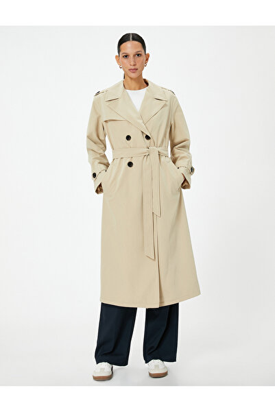 Koton Midi Trençkot Kruvaze Düğmeli Cepli Rüzgarlık Detaylı