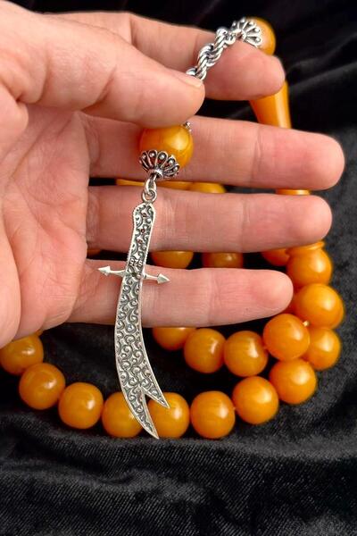 dergah tesbih Şahin Ağa Serisi Gümüş Zülfikar Tasarım Sıkma Kehribar Tesbih