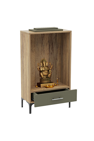 Mahmayi Wooden Mandir, Temple with Single Drawer, Steel Legs-Vintage Santa Fe Oak and Lava Grey