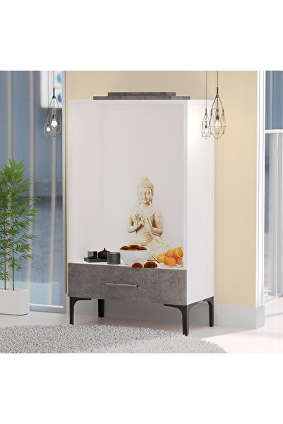 Mahmayi Wooden Mandir, Temple with Single Drawer, Steel Legs-Metal Fabric Anthracite