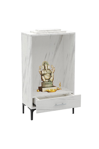 Mahmayi Wooden Mandir, Temple with Single Drawer, Steel Legs-White Levanto Marble