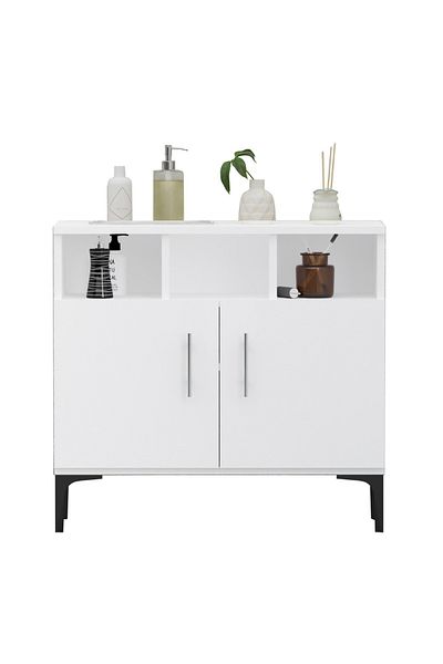 Mahmayi Medium Height Cabinet with 2 Door Storage and 3 Open Shelf-White