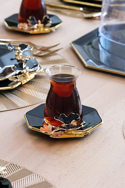 Glore Dolmabahçe Octagonal Black Gold Gilt 12-Piece 6-Person Glass Tea Set