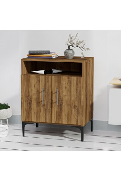 Mahmayi Medium Height Cabinet with 2 Door Storage and Single Open Shelf-Dark Hunton Oak