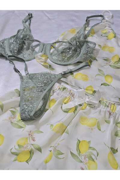 Wild Wake İkili Saten Limon Desenli Şort Pijama Takım+Mint Yeşili Tül Balenli Sütyen Takım Kombini