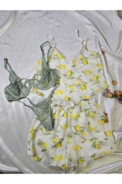 Wild Wake İkili Saten Limon Desenli Şort Pijama Takım+Mint Yeşili Tül Balenli Sütyen Takım Kombini