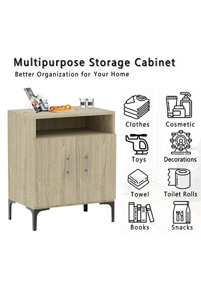 Mahmayi Medium Height Cabinet with 2 Door Storage and Single Open Shelf-Grey Bardolino Oak