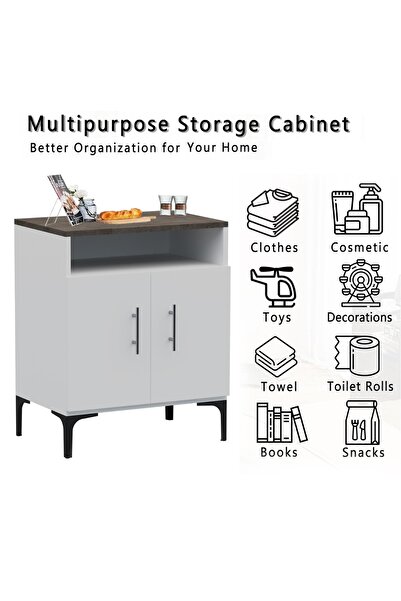 Mahmayi Cabinet with 2 Door Storage and Single Open Shelf-Dark Grey Chicago Concrete and White