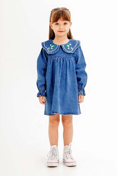 Cansın Mini Rochie de jeans pentru fetiță, albastru bleumarin, cu mâneci lungi, cu broderie florală, 20116