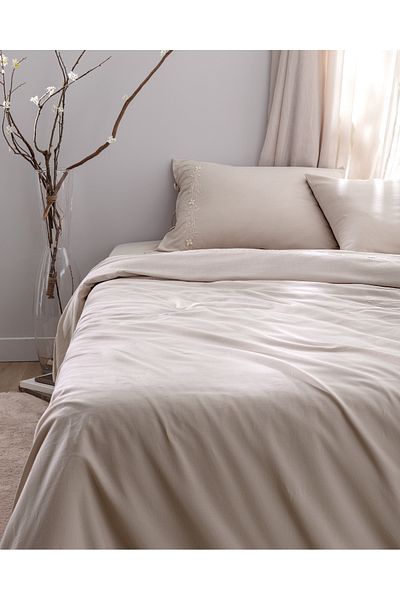 Madame Coco Beige Double Embroidered Duvet Cover Set - 100% Cotton