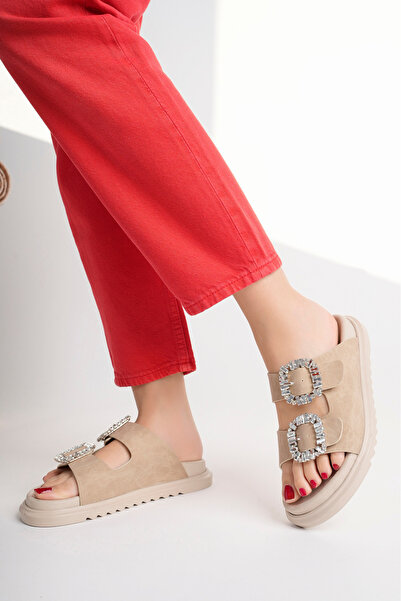 meyra'nın ayakkabıları Women's Leather Matte Stone Double Buckle Comfortable Sole Slippers