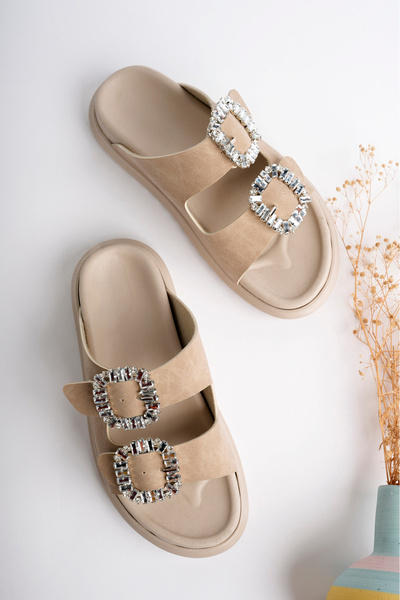 meyra'nın ayakkabıları Women's Leather Matte Stone Double Buckle Comfortable Sole Slippers