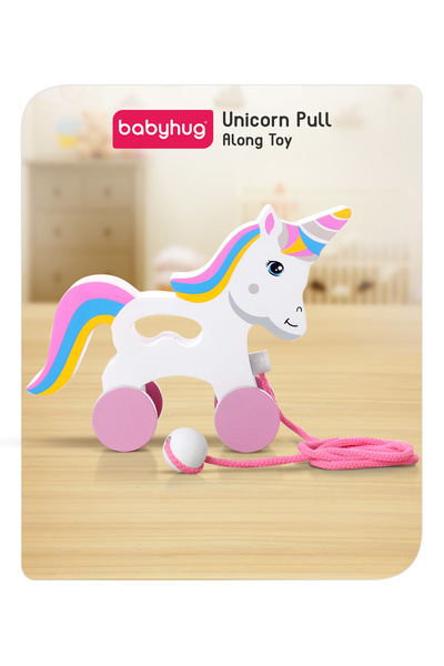 Babyhug Babyhug Unicorn Wooden Pull Along Montessori Toy for Toddlers, Motor Skills Development,18M+