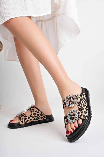 meyra'nın ayakkabıları Γυναικείες παντόφλες με διπλή πόρπη από πέτρα λεοπάρ με άνετη σόλα
