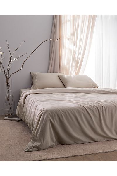 Madame Coco Beige Double Embroidered Duvet Cover Set - 100% Cotton