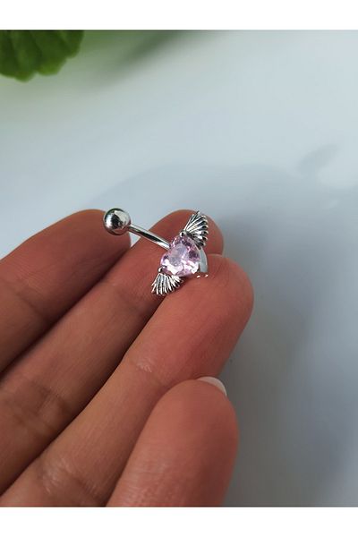 kurukafagift Pink Heart Belly Piercing with Steel Angel Wings