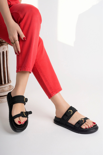 meyra'nın ayakkabıları Women's Black Matte Double Banded Comfortable Orthopedic Sole Slippers