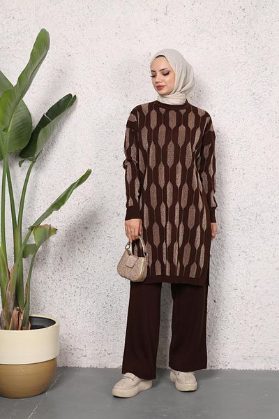 Bold Grup Women's Brown Standard Size Silvery Patterned Hijab Knitwear Tunic Pants Set