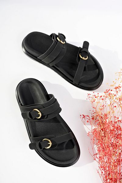 meyra'nın ayakkabıları Women's Black Matte Double Banded Comfortable Orthopedic Sole Slippers