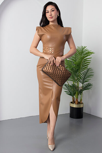 PULLIMM Dik Yaka Bel Taş Detay Deri Elbise NY4473