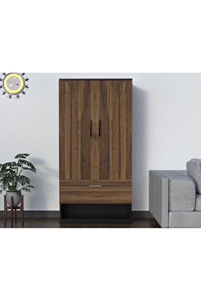 Mahmayi Wooden Wardrobe With 2 Door, And Open Shoe Rack, Rod And 2 Compartments-Dark Hunton Oak/Lava Grey