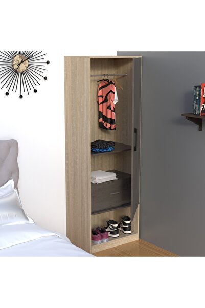 Mahmayi Modern Wardrobe With Storage Cabinet With Hangers-Dark Grey Chicago Concrete/Grey Bardolino Oak