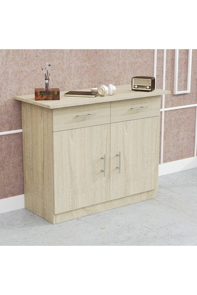 Mahmayi Medium Height Cabinet with 2 Drawers and 2 Door Storage-Grey Bardolino Oak