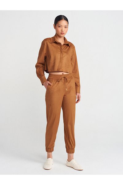 Dilvin 71594 Cuffed Jogger Suede Trousers-Tan