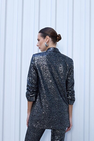 rue Silver Sequin Jacket with Drawstring Sleeves