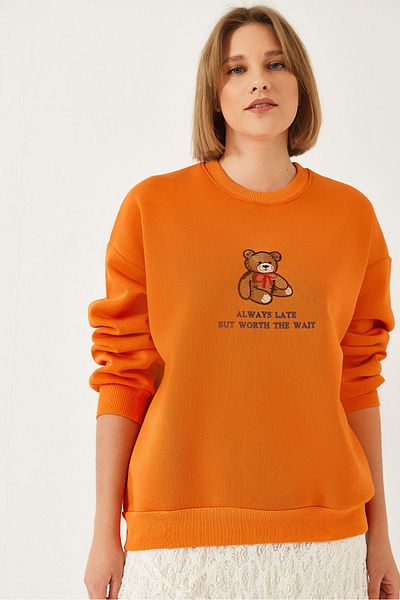 Bianco Lucci Women's Teddy Bear Printed Printed Ribbed Basic Sweatshirt 241011 60261314