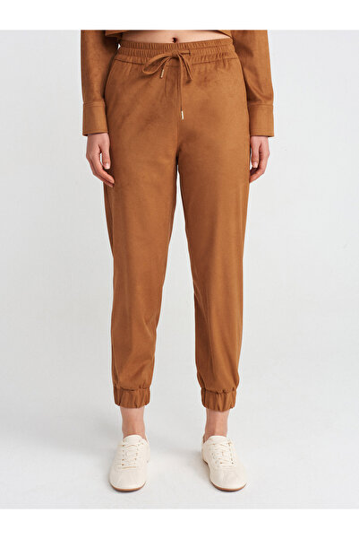 Dilvin 71594 Cuffed Jogger Suede Trousers-Tan