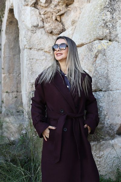 bytugcekaya Burgundy Lined Button Detailed Cashmere Coat