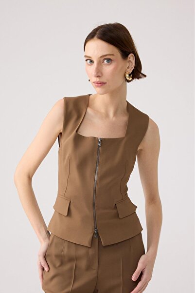 rue Kare Yaka Fermuarlı Vizon Yelek