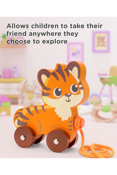 PlayNation Play Nation Montessori Tiger Wooden Pull Along Toy , Develop Motor Skills , 12M+ , Smooth Finish