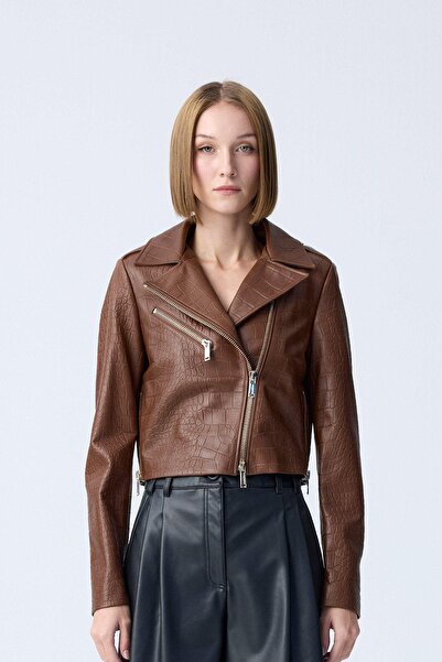 rue Metal Fermuar Detaylı Kahverengi Deri Ceket