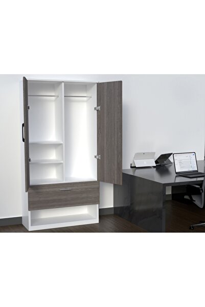 Mahmayi Wooden Wardrobe With 2 Door Open Rack, Rod And Compartments-Grey Brown White River Oak/Premium White