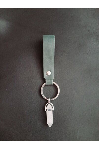 BSN Store سلسلة مفاتيح من الجلد الطبيعي باللون الأخضر الكاكي مع حجر الكوارتز الطبيعي