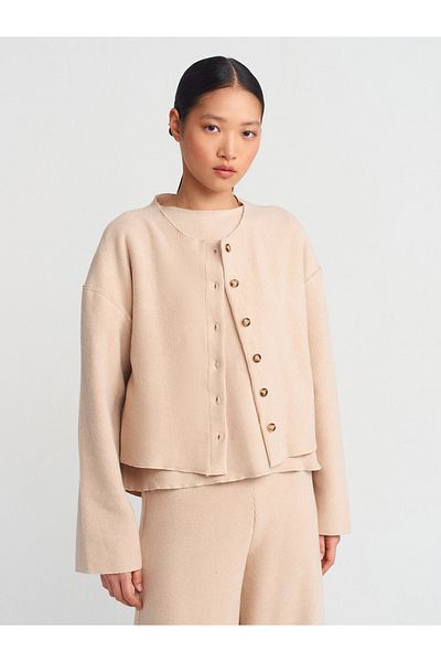 Dilvin 60426 Beige Long Sleeve Corded Cardigan