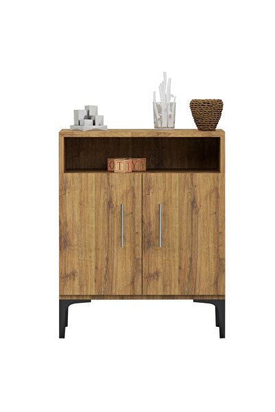 Mahmayi Medium Height Cabinet with 2 Door Storage and Single Open Shelf-Cognac Brown Sherman Oak
