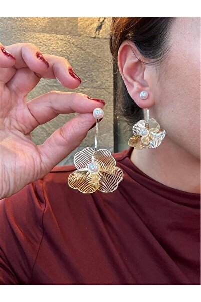 Pelin Aksesuar İncili Büyük Çiçekli Hayalet Küpe