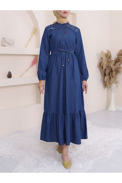 Modamorfo Langes Jeanskleid mit Perlen an den Schultern und elastischem Bund