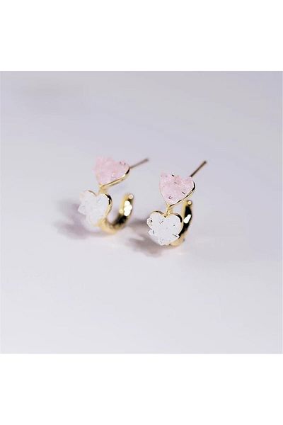 Pelin Aksesuar Pink White Crystal Filled Heart Hoop Earrings