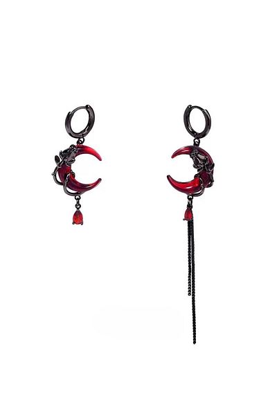 Pelin Aksesuar Red Black Gothic Moon Asymmetrical Earrings