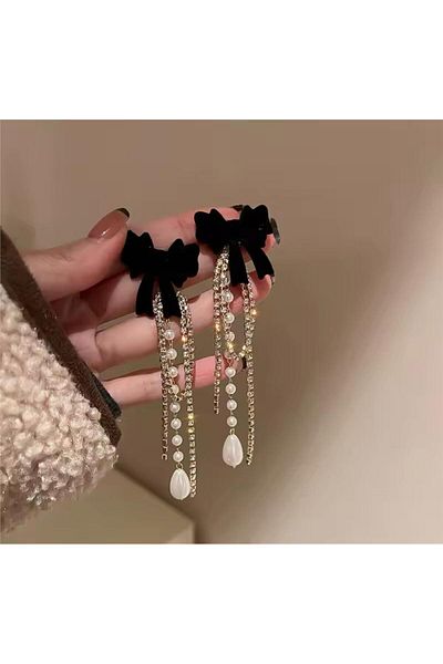 Pelin Aksesuar Black Dangle Stoned Pearl Velvet Bow Earrings